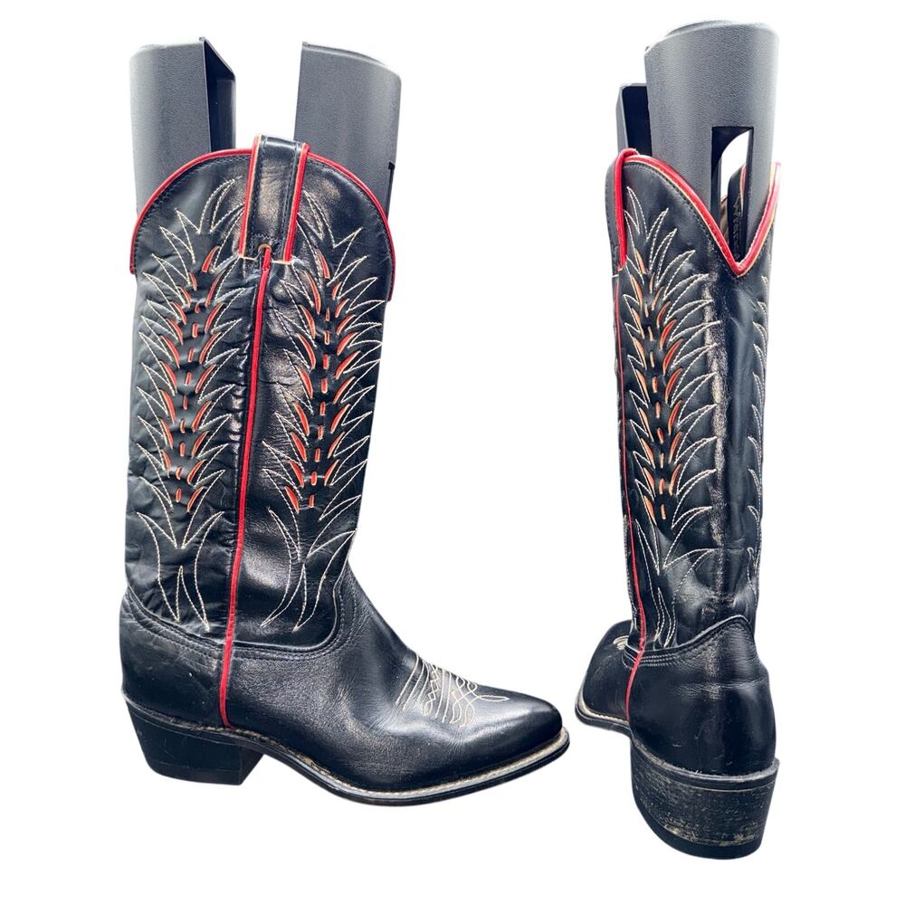 Vintage Wrangler Women’s 6 M Black Leather Cowboy Boots Red Western Embroidered